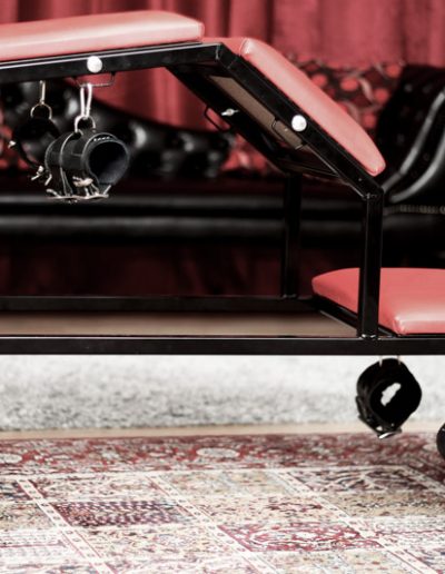 Red bench with black restraints in luxurious room, featuring ornate rug and elegant furniture.